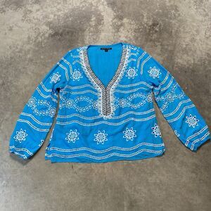 Boston Proper Blouse Womens XL Blue White Boho Beaded Peasant V Neck‎ Embroidery